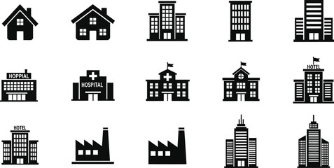 Naklejka premium Residential and industrial building line icon set with transparent background