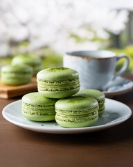matcha macaroon and cup of green tea
