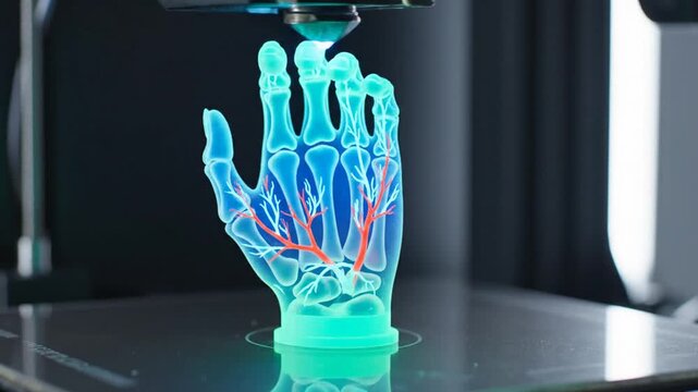3D printer creating a glowing medical model of a human hand skeleton with internal structure