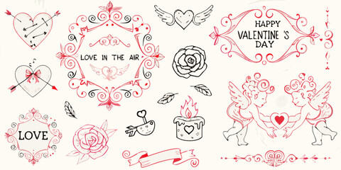 Collection of hand drawn valentine s day themed doodles and illustrations