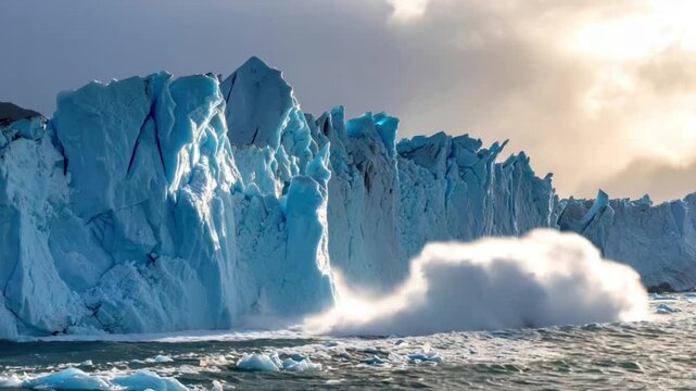 A glacial calving event with a wave of water and ice debris