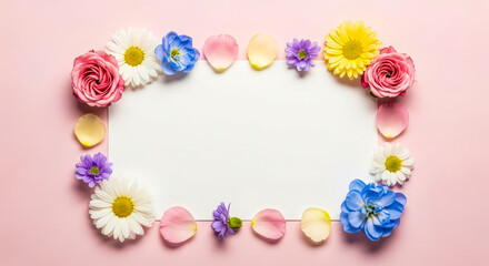 Fototapeta premium Floral border with blank space for text flowers frame pink