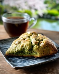 cup of coffee and matcha white chocolate scone