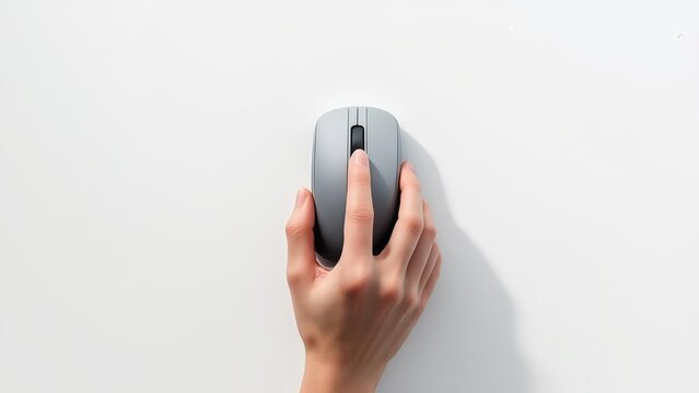 Top view of a human hand using a modern gray wireless computer mouse isolated white background concept