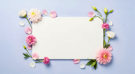 Fototapeta premium Paper with pink and flowers and petals on blue background