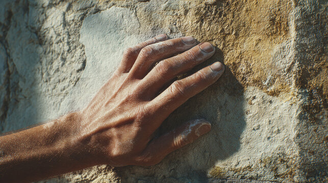 A climber's hand gripping a textured rock face. The focus is on the climber's hand, showcasing strength and determination