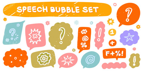 Colorful hand drawn speech bubble set with various shapes and expressions