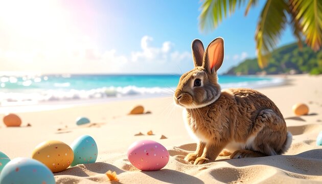 Adorable bunny on tropical beach with colorful Easter eggs, sunny day