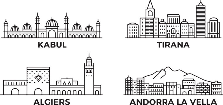 Kabul, Tirana, Algiers, Andorra la Vella city skylines. Capital cities of various countries