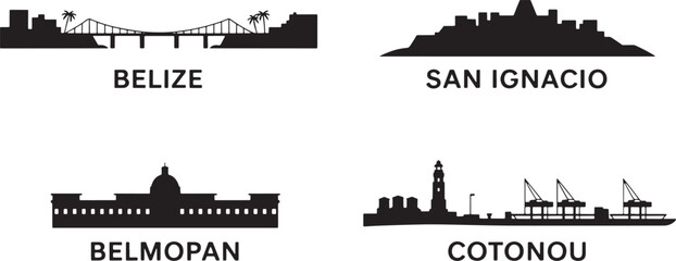 Silhouette cityscapes from belize san ignacio belmopan and cotonou isolated landmarks illustration
