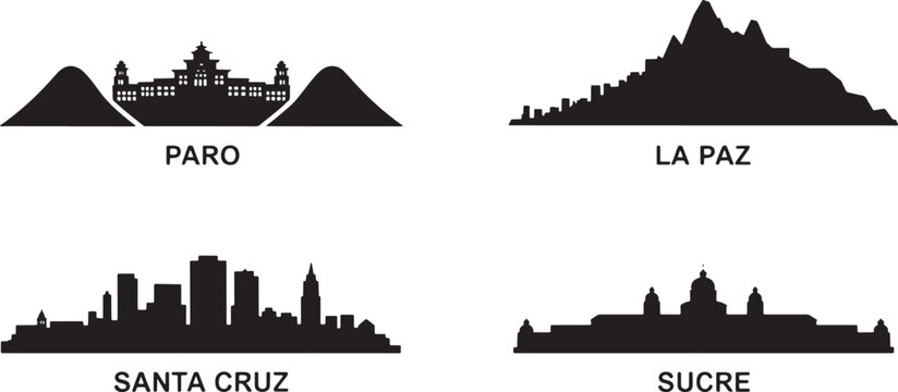 Silhouette skyline set featuring parot la paz santa cruz and sucre cityscapes isolated on white