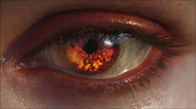 A close-up view of a vibrant eye filled with a fiery and intense expression, as if gazing into the abyss.