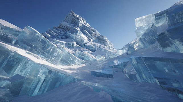 Spectacular icy mountain range under a clear blue sky, showcasing the natural beauty of glacial formations