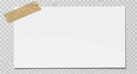 Blank white paper note with a piece of brown tape in the top left corner, against a transparent checkered background.