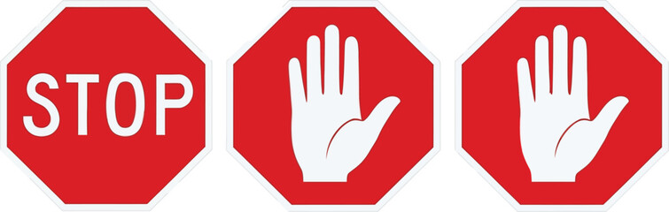 Obraz premium Red octagonal stop and warning signs set, illustrating traffic control with text and open hand gesture icons for road safety