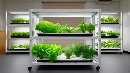 Urban hydroponic farming close-up of fresh greens in a clean sustainable environment