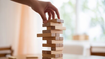 A hand carefully adding a block to a precarious tower