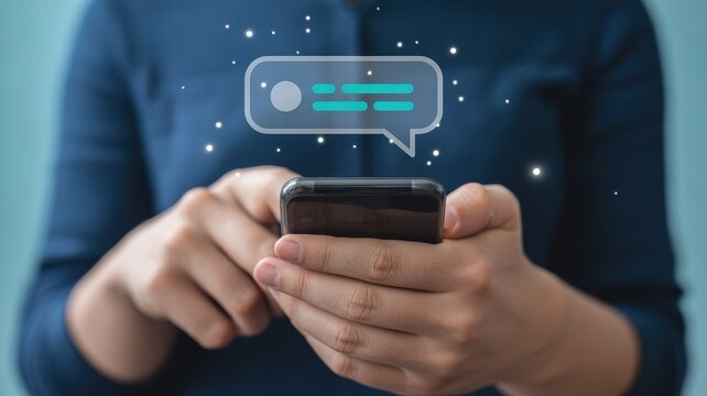 Person holding smartphone with chatbox graphic overlay