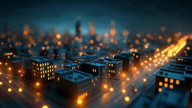 Miniature City Nightscape with Glowing Street Lights and Bokeh Background
