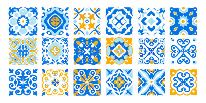 A collection of vibrant repeating blue and orange ceramic tile patterns