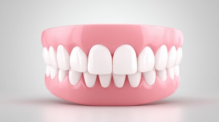 Obraz premium 3D mockup of a dental model showing a set of white teeth in a pink gum base, ideal for dental advertisements and educational materials