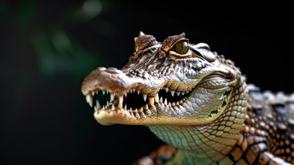 Obraz premium Majestic Close-up of a Crocodile Displaying Sharp Teeth and Detailed Scales with Intense Eyes Against a Dark Background