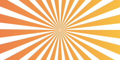 Fototapeta premium A vibrant orange sunburst background features radial sun rays and a vintage starburst pattern, creating a retro summer illustration with yellow sunbeam light and vector art stripes