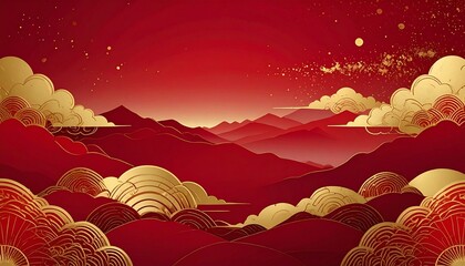 Abstract Happy Chinese New Year background, red gradient backdrop with subtle Chinese cloud pattern in gold line art, modern oriental style, minimal festive design