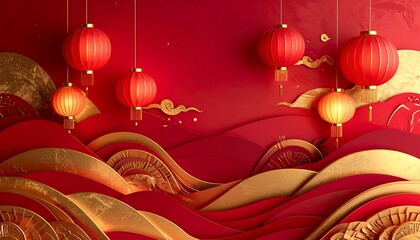 Abstract Happy Chinese New Year background, layered paper-cut style shapes in red and gold, subtle lantern light glow, minimal oriental pattern, elegant and modern, copy space
