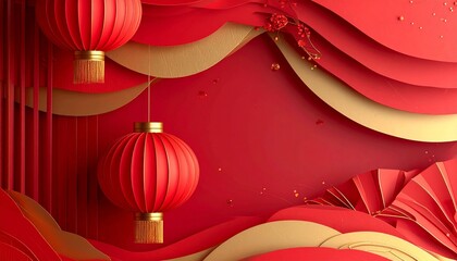 Abstract Happy Chinese New Year background, layered paper-cut style shapes in red and gold, subtle lantern light glow, minimal oriental pattern, elegant and modern, copy space