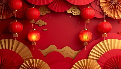 Abstract Happy Chinese New Year background, layered paper-cut style shapes in red and gold, subtle lantern light glow, minimal oriental pattern, elegant and modern, copy space