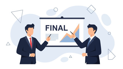 Businessmen presenting final report with charts on a whiteboard