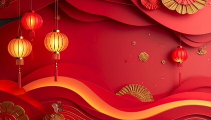 Abstract Happy Chinese New Year background, layered paper-cut style shapes in red and gold, subtle lantern light glow, minimal oriental pattern, elegant and modern, copy space