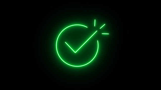 A vibrant neon green checkmark icon inside a glowing circle with radiant lines, symbolizing approval, completion, and success in a modern digital style, isolated on black background.