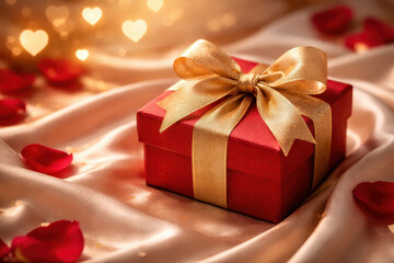 Obraz premium Gift present red box golden ribbon bow romantic love holidays warm gift present red box golden ribbon bow romantic love for special celebrations on silky fabric with soft light and dreamy mood