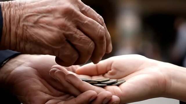Close up of an elderly hand giving coins to a young person's cupped hands