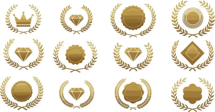 Set of Golden Laurel Wreath Badges Featuring Crowns, Diamonds, and Luxury Seals for Premium Membership, Award Certificates, and High-End Branding Identity Designs