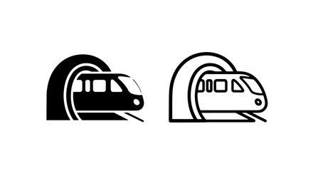 Dynamic icons of a train emerging from a tunnel in black and white, symbolizing progress and journey.