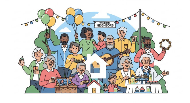 Diverse group of neighbors celebrating community with food music and balloons outdoors