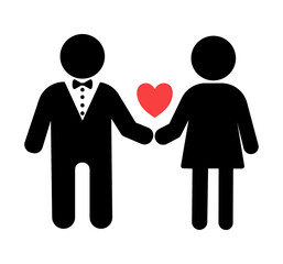 A couple holding hands with a red heart between them.