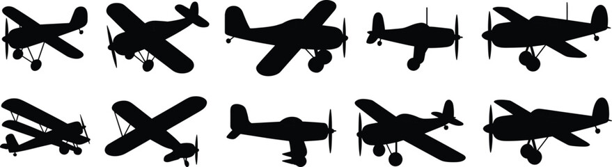 Vintage airplane silhouette collection featuring classic propeller aircraft and biplanes, black aviation icon set isolated on white background