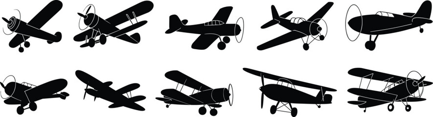Vintage propeller airplane silhouettes set, classic biplane and monoplane aircraft icons, black aviation illustration collection isolated on white background © Itz Rakib