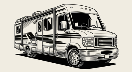 Vintage RV Motorhome Engraving. Retro Black and White Class C Camper Van Line Art Illustration for Travel and Road Trips.