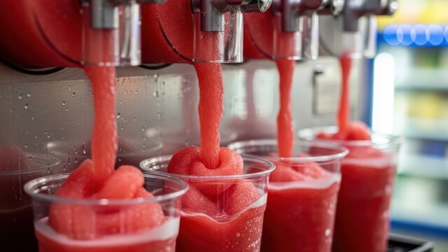 Refreshing frozen delights: A vibrant symphony of slushy drinks dispensing in clear cups