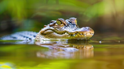 Obraz premium Close-up of a Crocodile in Water Surrounded by Lush Greenery in a Natural Habitat Setting