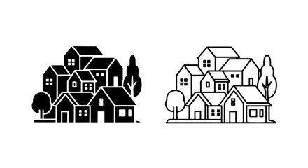 Vector icons of a collection of houses and trees, symbolizing neighborhood and community, in solid and outline.