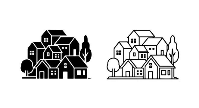 Vector icons of a collection of houses and trees, symbolizing neighborhood and community, in solid and outline.