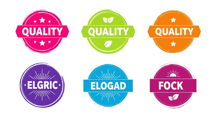 Obraz premium Six Quality Badge and Stamp Set. Retro Grunge Vector Labels for Product Guarantee, Trust, and Packaging Design.