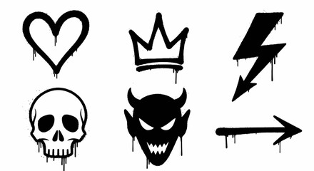 Collection of six black graffiti style symbols with dripping paint effect including heart, crown, lightning bolt, skull, devil, and arrow.