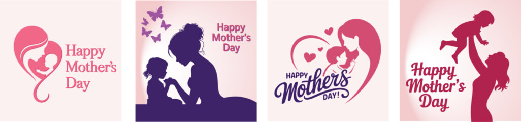 A collection of four diverse illustrations celebrating motherhood and children for Happy Mothers Day